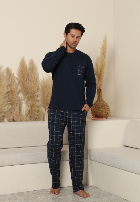 Pijama Barbati ,Maneca si Pantaloni Lungi,Culoare Bleumarin cu Crem ,Engros